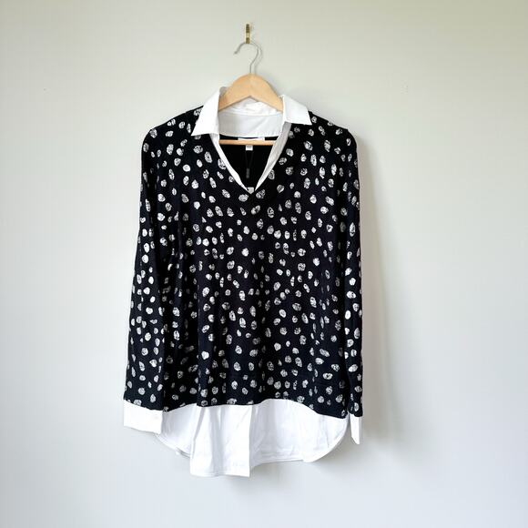 Chico's Foil Spotted Built-In Shirt Knit Pullover Collared Sweater Black L NWT - Picture 1 of 11